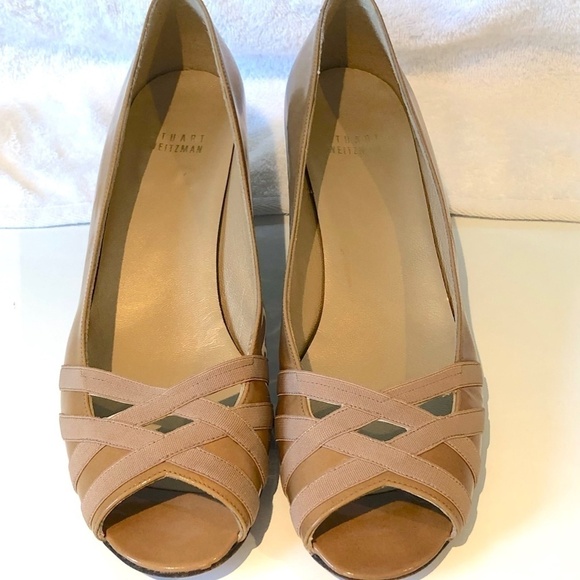Stuart Weitzman Heels Wedge Peep Toe Tan Patent Leather Narrow (9.5 N) - Picture 3 of 13